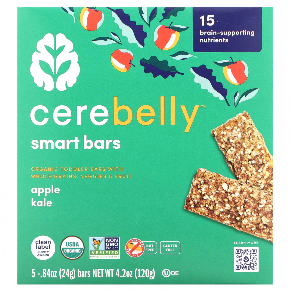   Cerebelly, Smart Bars, Organic Toddler Bars, Apple Kale, 5 Bars, 0.84 oz (24 g) Each   -     , -  