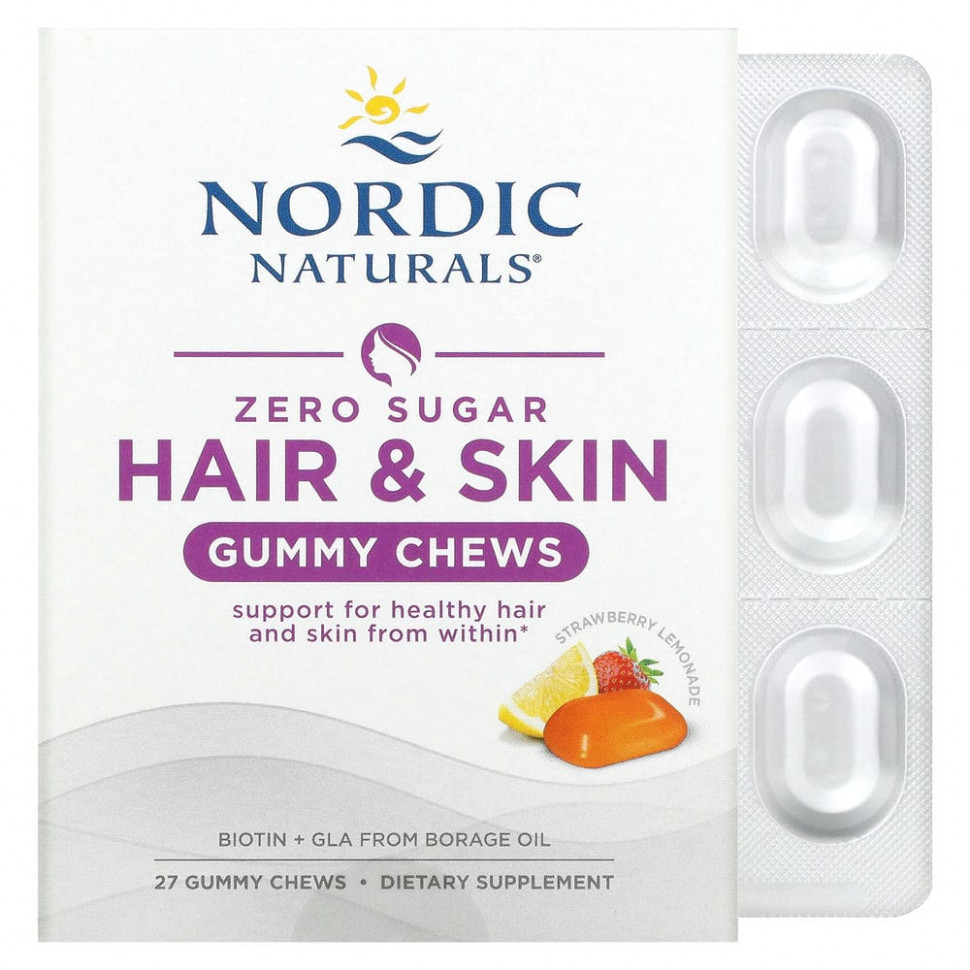  Nordic Naturals, Zero Sugar Hair & Skin Gummy Chews, Strawberry Lemonade, 27 Gummy Chews  IHerb ()