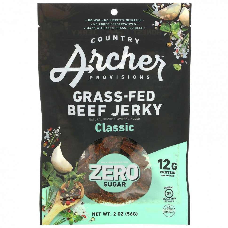   Country Archer Jerky, Grass-Fed Beef Jerky, Classic, 2 oz (56 g)   -     , -  