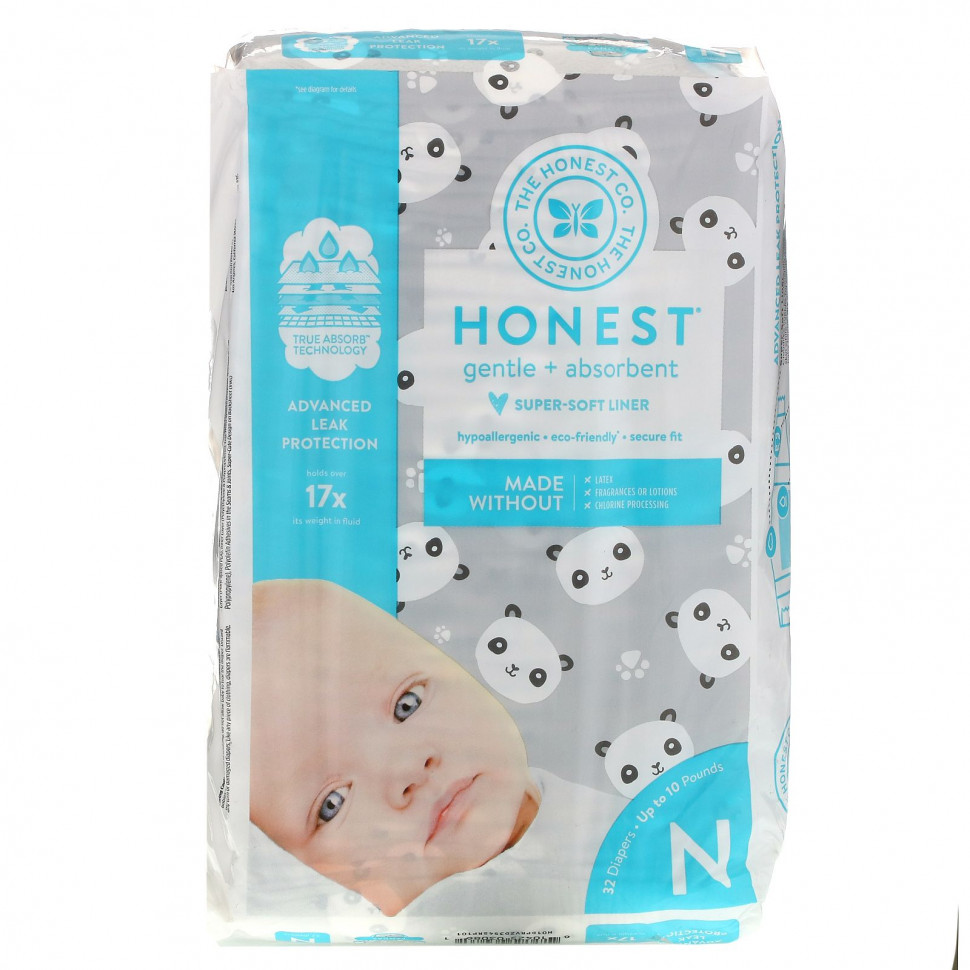   The Honest Company, Honest Diapers, Super-Soft Liner, Newborn, Pandas, Up to 10 Pounds, 32 Diapers   -     , -  