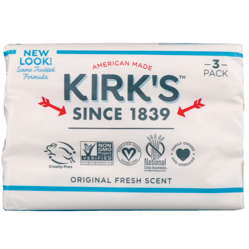   Kirk's, Gentle Castile Soap Bar, Original Fresh Scent, 3 Bars, 4 oz (113 g) Each   -     , -  