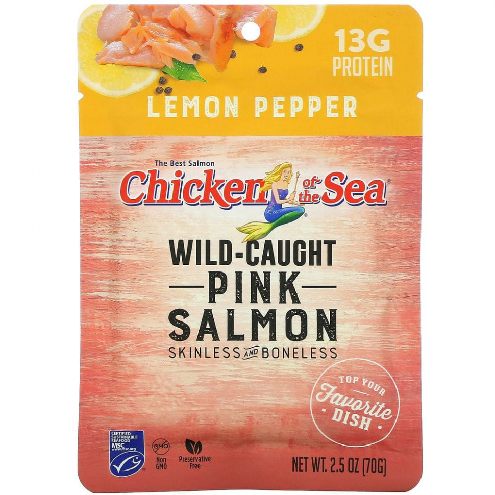   Chicken of the Sea, Wild-Caught Pink Salmon, Lemon Pepper, 2.5 oz ( 70 g)   -     , -  