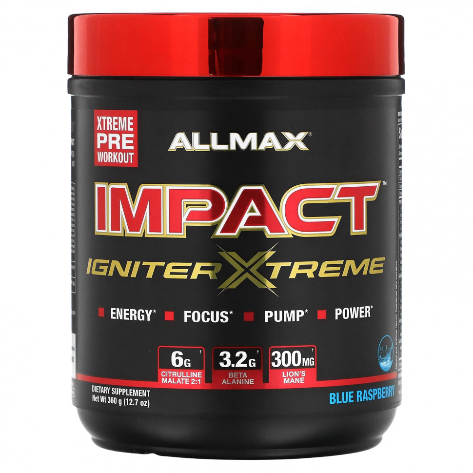   ALLMAX, IMPACT Igniter Xtreme, Pre-Workout, Blue Raspberry, 12.7 oz (360 g)   -     , -  