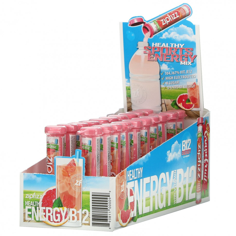  Zipfizz, Healthy Energy Mix With Vitamin B12, Pink Grapefruit, 20 Tubes, 0.39 oz (11 g) Each   -     , -,   