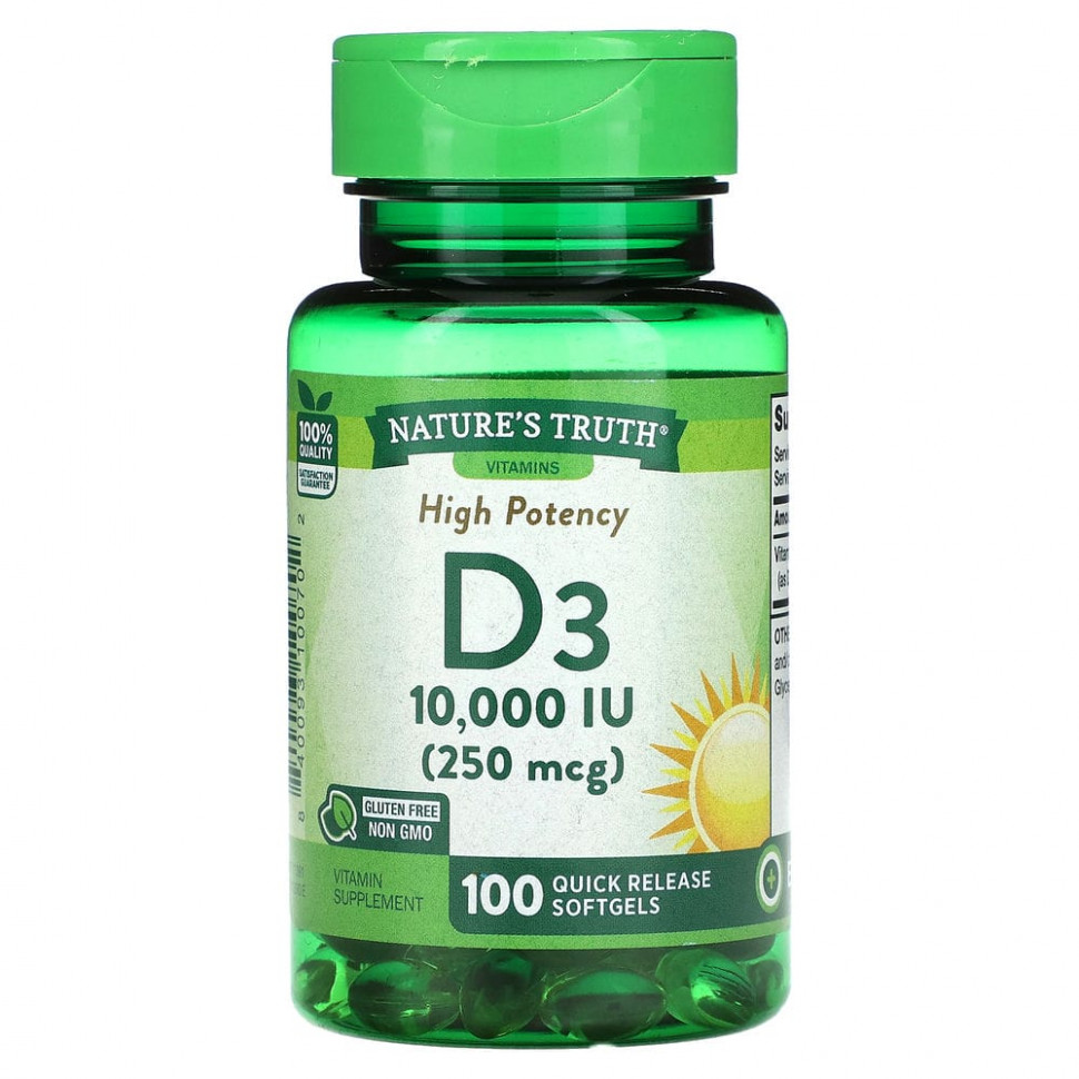 Nature's Truth, Vitamin D3, High Potency, 250 mcg (10,000 IU), 100 Quick Release Softgels  IHerb ()