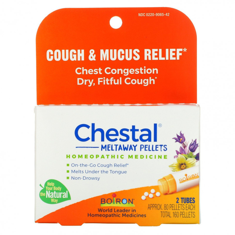   Boiron, Chestal Meltaway Pellets, Cough & Mucus Relief, 2 Tubes, Approx 80 Pellets Each   -     , -  