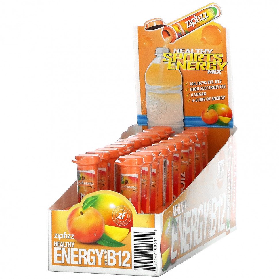   Zipfizz, Healthy Energy Mix With Vitamin B12, Peach Mango, 20 Tubes, 0.39 oz (11 g) Each   -     , -,   