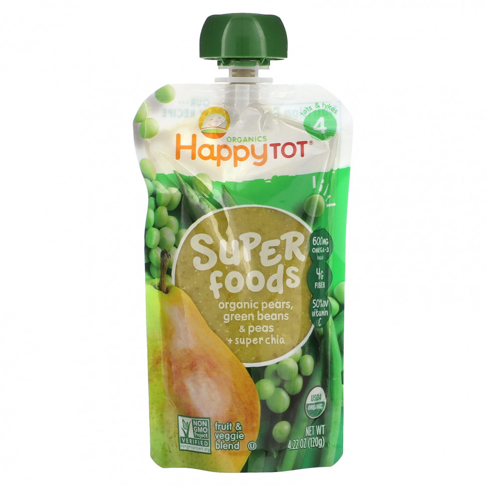   Happy Family Organics, Happytot, Superfoods, Organic Pears, Green Beans & Peas + Super Chia, 4.22 oz (120 g)   -     , -  