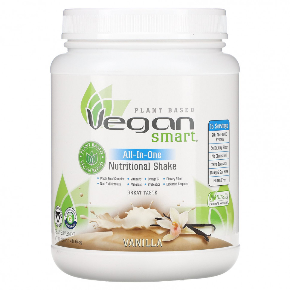   VeganSmart, All-In-One Nutritional Shake, Vanilla, 22.8 oz (645 g)   -     , -  