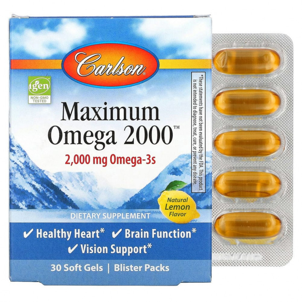   Carlson Labs, Maximum Omega 2000, Natural Lemon, 1,000 mg, 30 Softgels   -     , -  