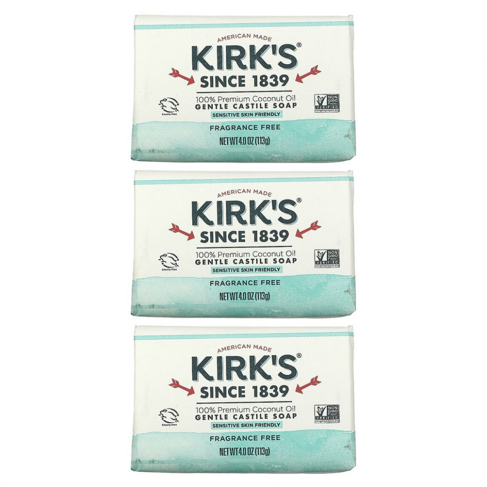   Kirk's, Gentle Castile Soap Bar, Fragrance Free, 3 Bars, 4.0 oz (113 g) Each   -     , -  