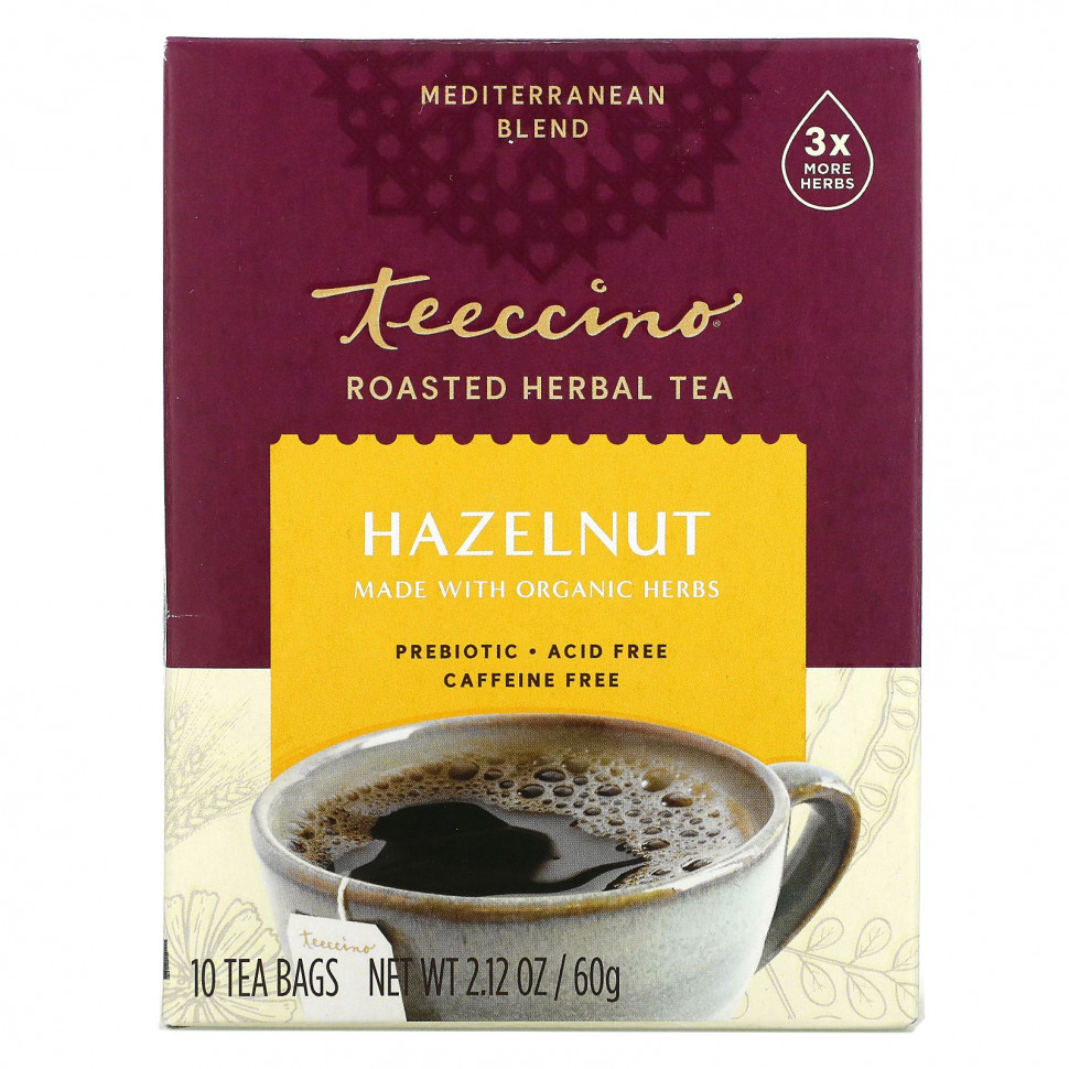   Teeccino, Roasted Herbal Tea, Hazelnut, Caffeine Free, 10 Tea Bags, 2.12 oz (60 g)   -     , -  