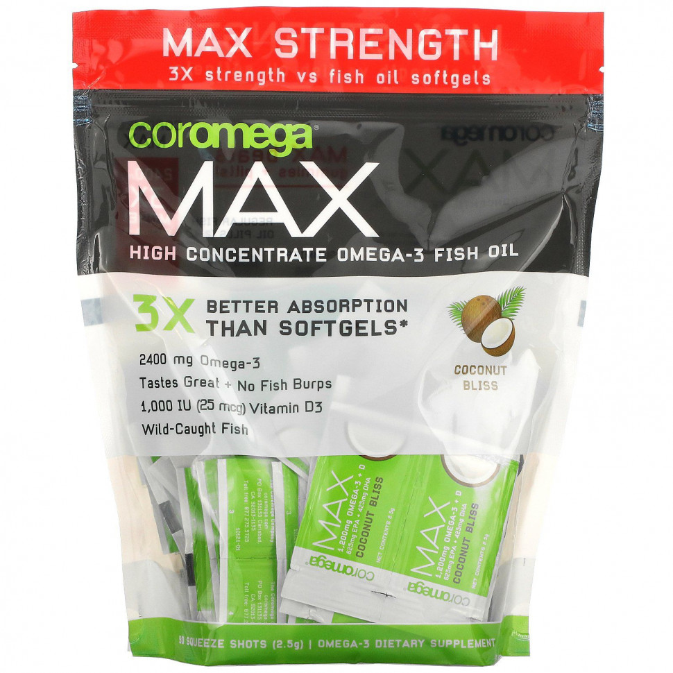   Coromega, Max High Concentrate Omega-3 Fish Oil, Coconut Bliss, 90 , 2,5     -     , -  