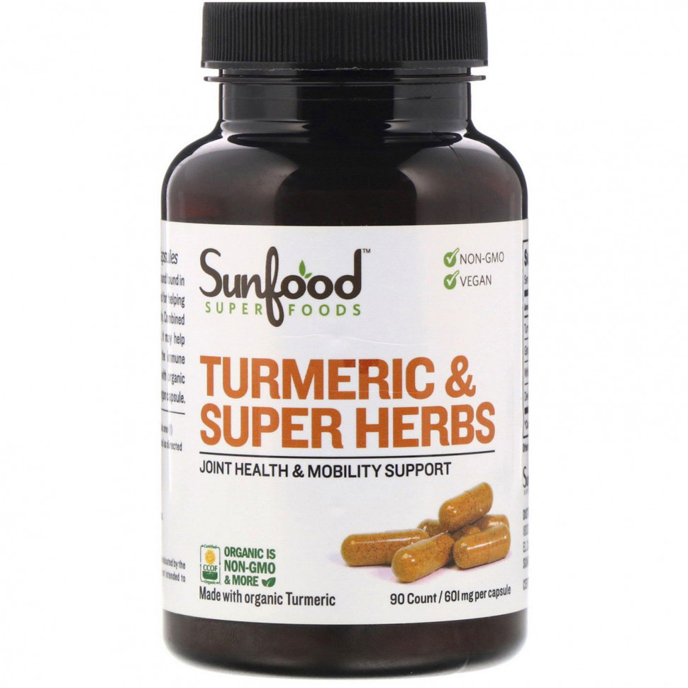   Sunfood, Turmeric & Super Herbs, 601 mg, 90 Count   -     , -,   