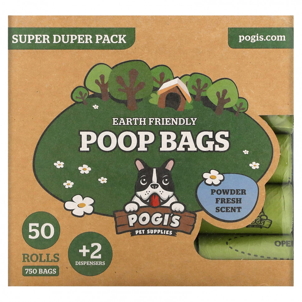  Pogi's Pet Supplies, Earth Friendly Poop Bags, Super Duper Pack, Powder Fresh, 50 Rolls, 750 Bags, 2 Dispensers  IHerb ()