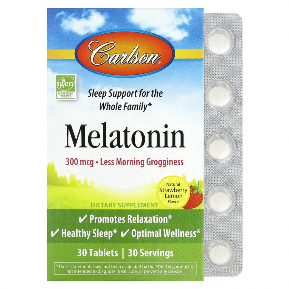   Carlson, Melatonin, Natural Strawberry Lemon , 300 mcg, 30 Tablets   -     , -  