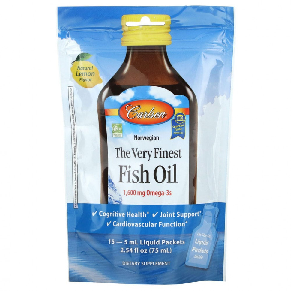   Carlson, Norwegian, The Very Finest Fish Oil, Natural Lemon, 1,600 mg, 15 Packets, (5 ml) Each   -     , -  