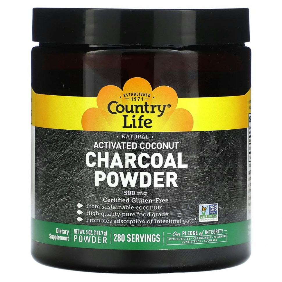   Country Life, Natural Activated Coconut Charcoal Powder, 500 mg, 5 oz (141.7 g)   -     , -  