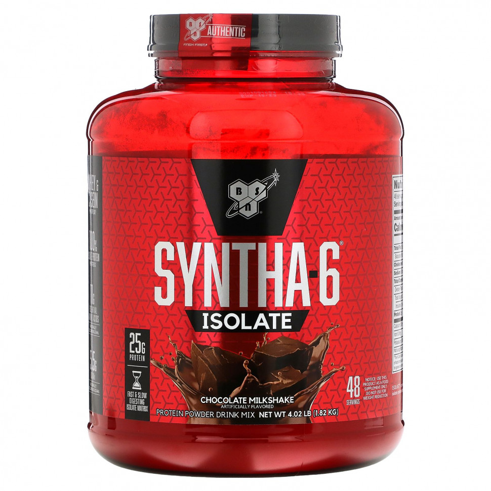   BSN, Syntha-6 Isolate, Protein Powder Drink Mix, Chocolate Milkshake, 4.02 lbs (1.82 kg)   -     , -  