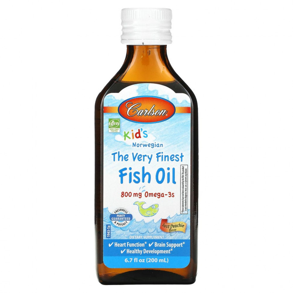   Carlson, Kids Norwegian, The Very Finest Fish Oil, Just Peachie, 800 mg, 6.7 fl oz (200 ml)   -     , -  