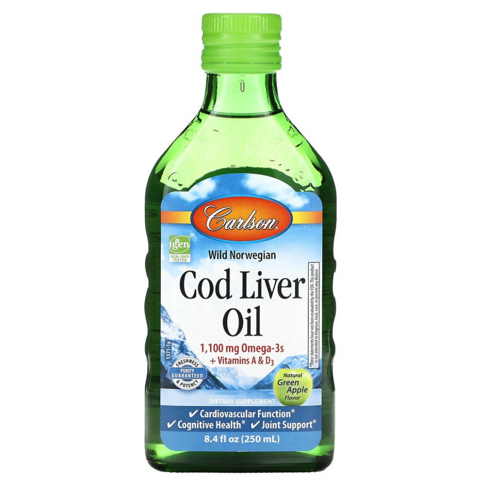   Carlson, Cod Liver Oil, Natural Green Apple , 1,100 mg, 8.4 fl oz (250 ml)   -     , -  