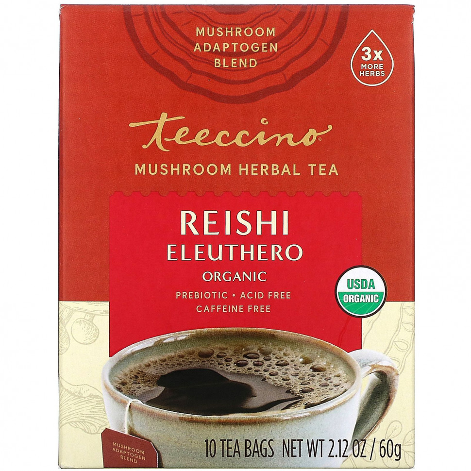   Teeccino, Mushroom Herbal Tea, Organic Reishi Eleuthero, French Roast, Caffeine Free, 10 Tea Bags, 2.12 oz (60 g)   -     , -  