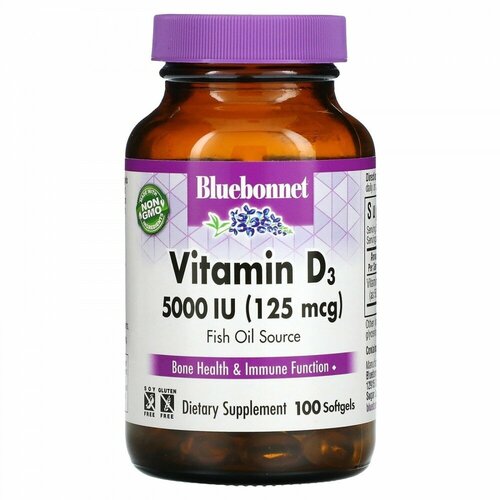   Bluebonnet Nutrition, Vitamin D3, 125 mcg (5,000 IU), 100 Softgels  -     , -  