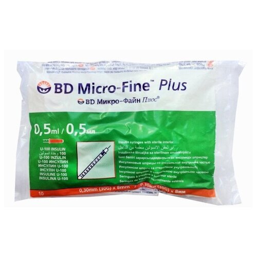 ���� ����� ����������� BD Micro-Fine Plus U-100 ����������������, 8 �� x 0.3 ��, ������: 30G, 0.5 ��, 10 ��.