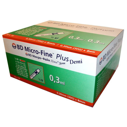 ���� ����� ����������� BD Micro-Fine Plus Demi U-100 ����������������, 8 �� x 0.3 ��, ������: 30G, 0.3 ��, 100 ��.